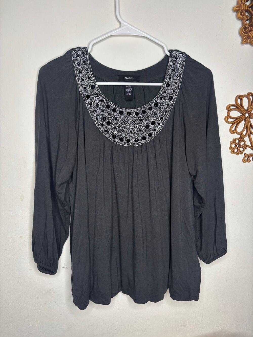 Alfani Charcoal Beaded Bib Neckline 3/4 Sleeve Blouse Size M